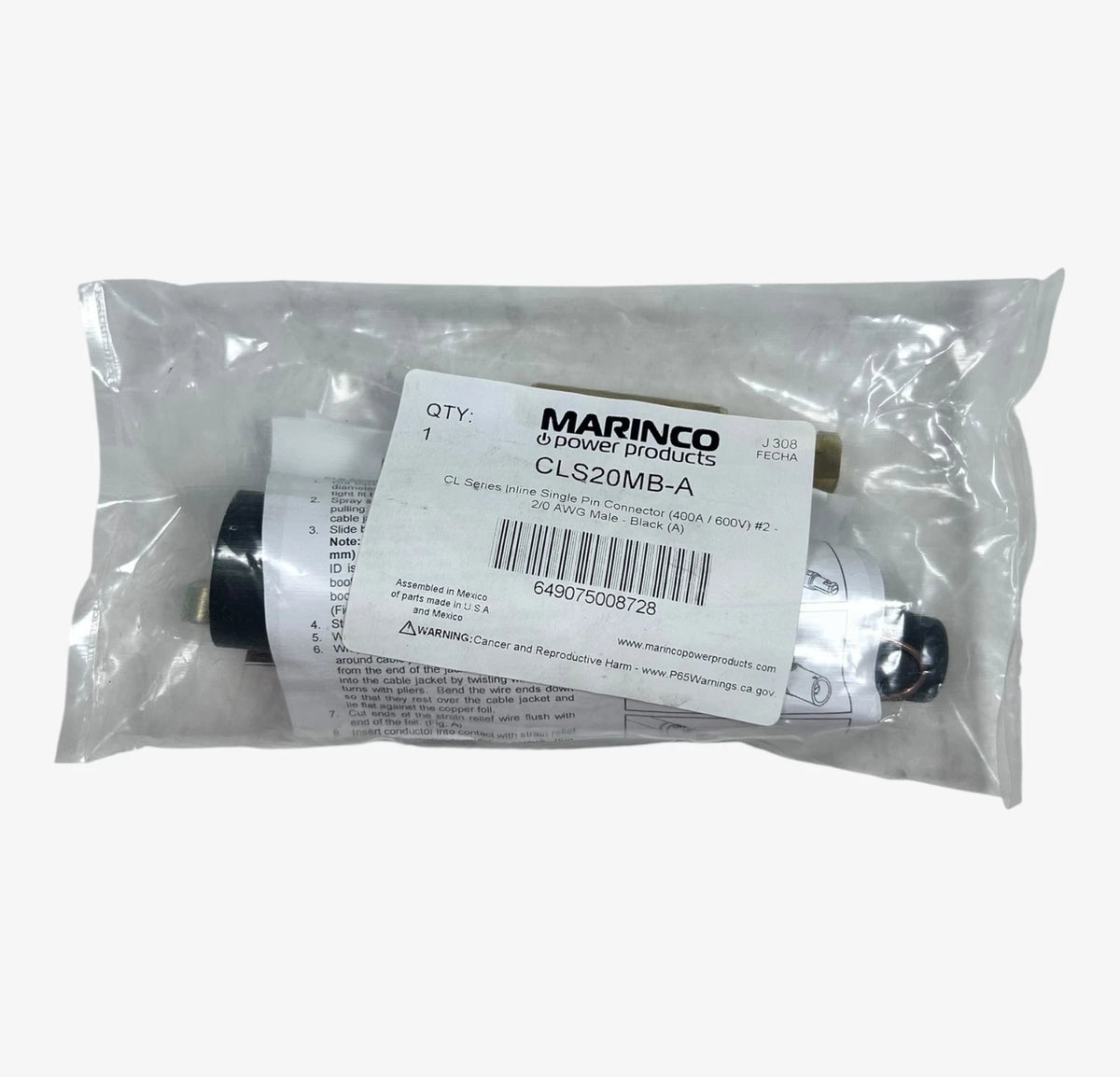 Marinco CLS20MB-A, CL Series Inline Single Pin Connector 400A / 600V