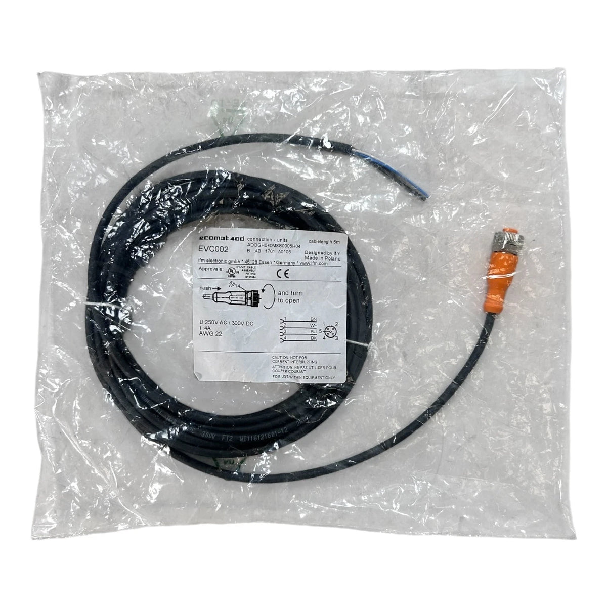 IFM EVC002 Ecomat 400 M12 4-Pin Female Sensor Cable ADOGH040MSS000 5H04, 15FT