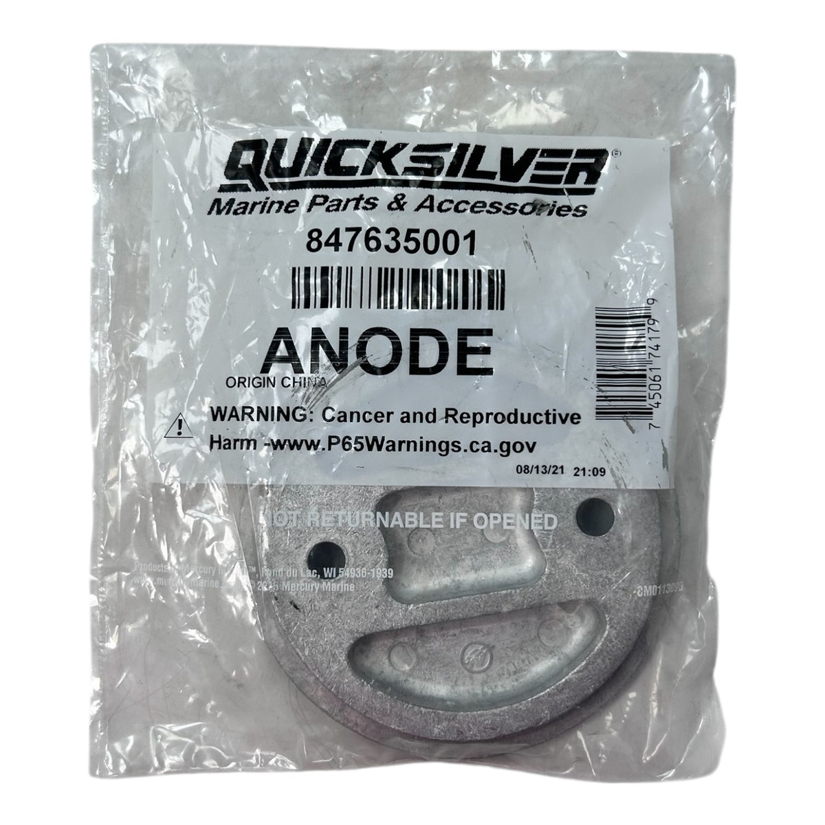 Mercury Quicksilver 847635001, Marine Round Zinc Anode , OEM