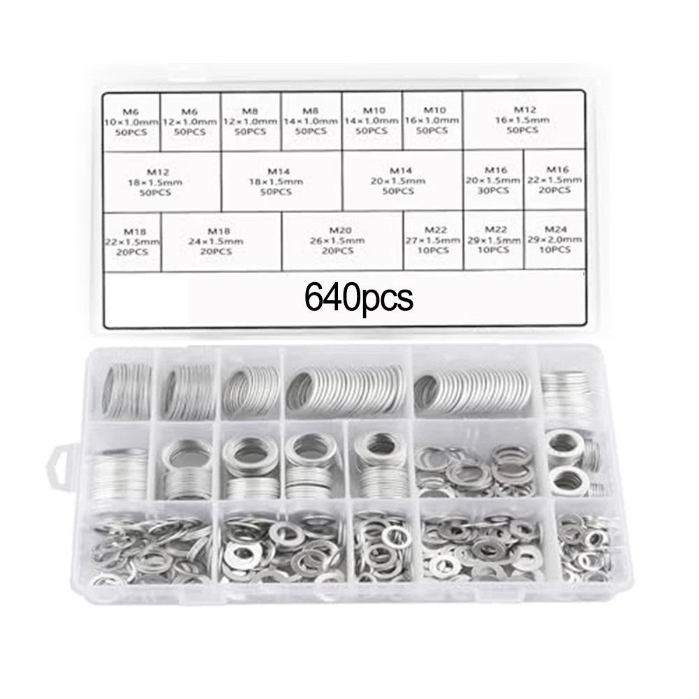 Aluminium Metric Sealing Rings 640pcs Oil Drain Seal Set Flat Design Assortment