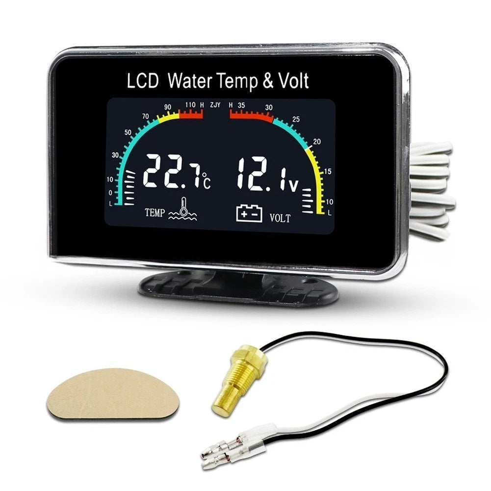 12V 24V Dual Readout LCD Gauge for Engine Coolant Temp and Battery Voltage