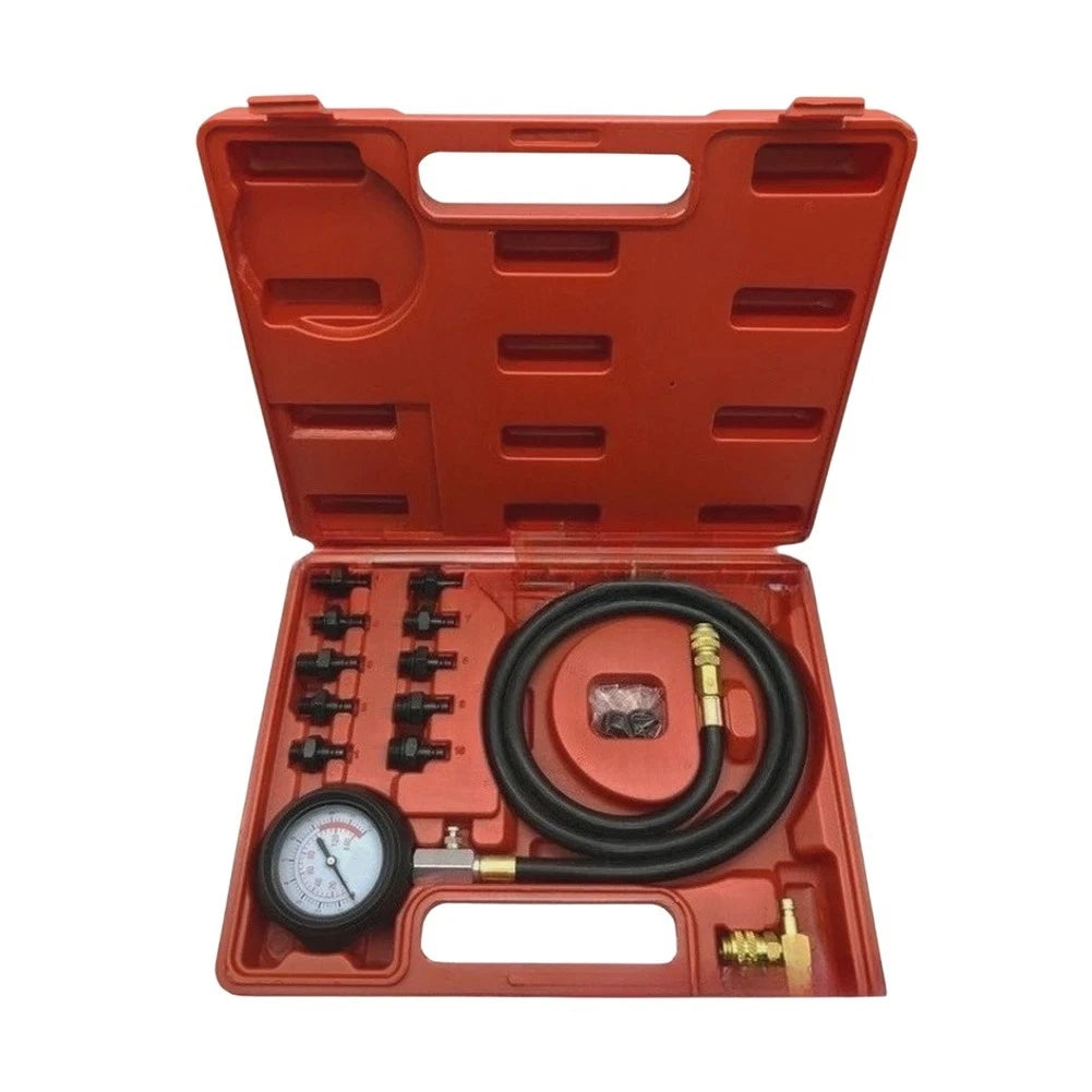 Oil Pressure Tester Kit with Red Storage Case and 10 Labeled Brass Adapters