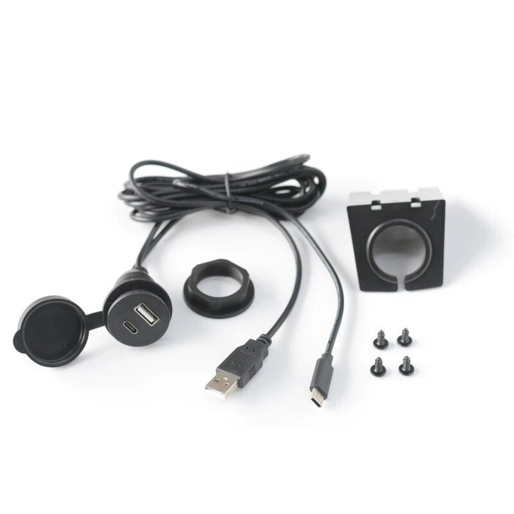 USB-A + Type-C Dual Port Female Car Mount Flush Cable 150cm Waterproof