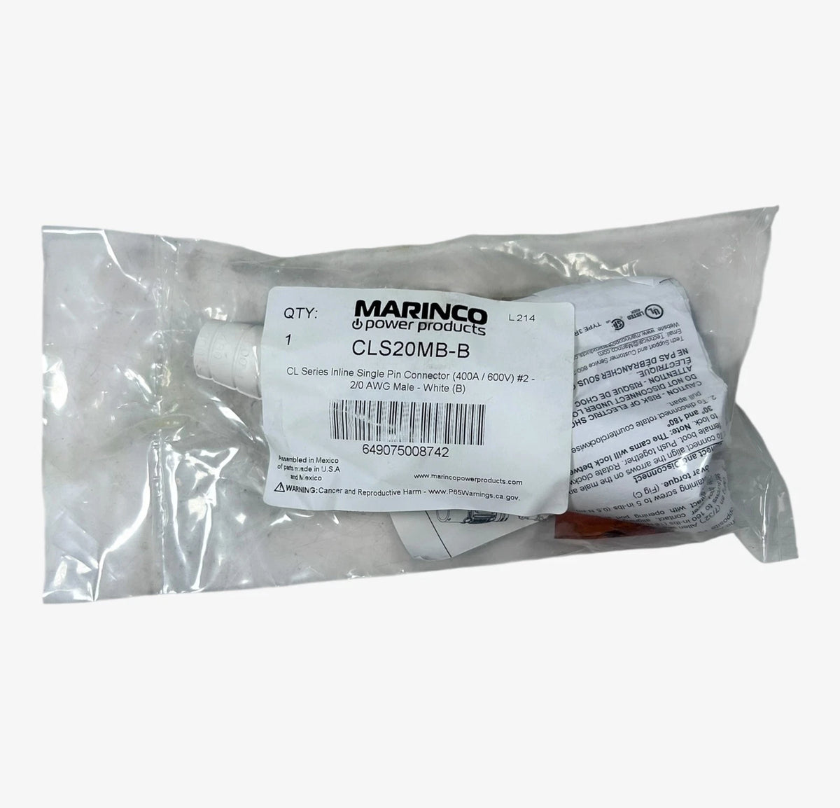 Marinco CLS20MB-B, CL Series Inline Single Pin Connector 400A / 600V