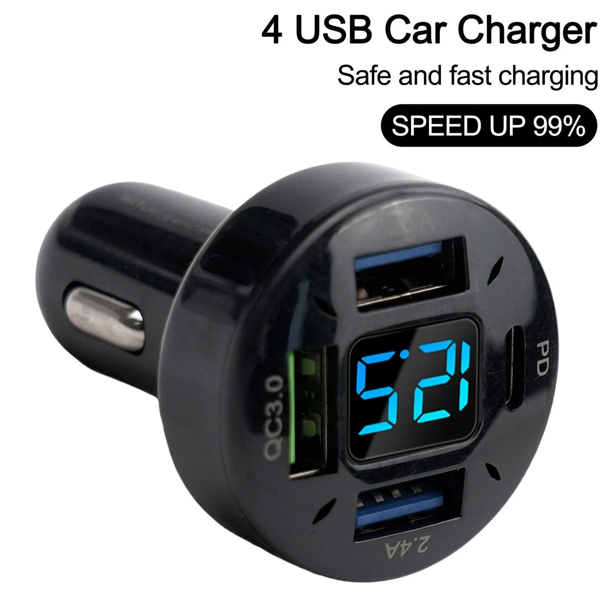 Voltmeter Car Charger Black 12V/24V 4USB Aluminum Alloy+PC Good Quality