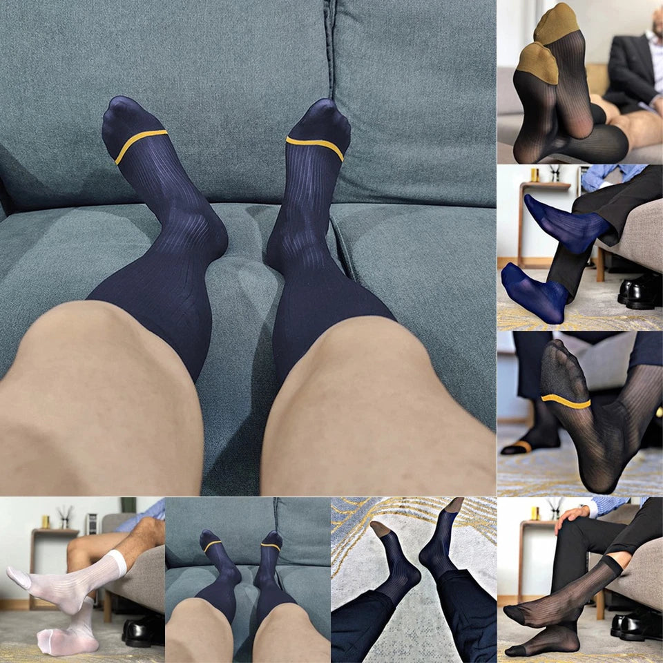 Mens Sexy Stripe Sheer Socks Business Office Stockings Middle Sock Breathable-US